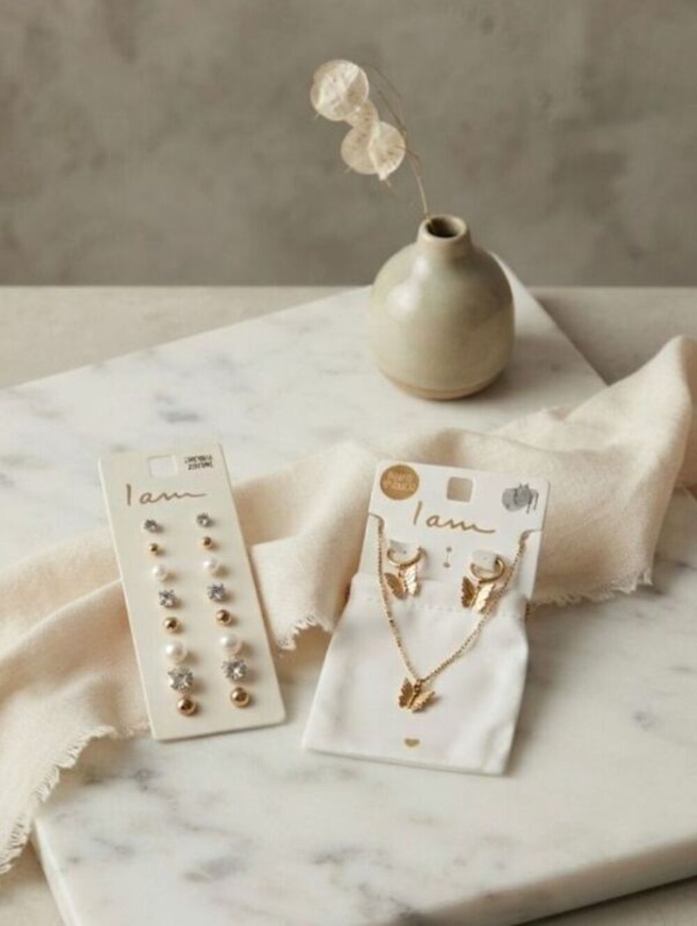 I am Gold Plated Butterfly Necklace and Earrings Set with Zirconia Stud Earrings
